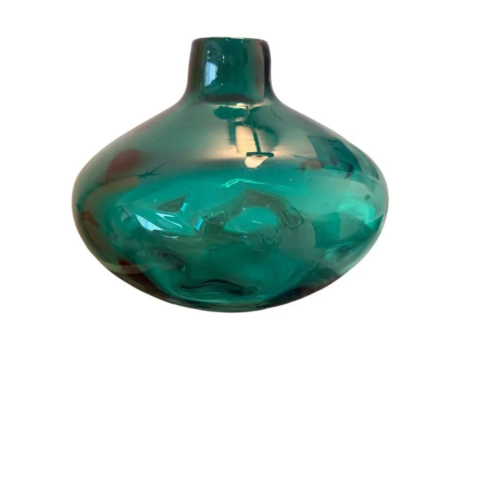 Hand Blown Mid-century Modern Art Heavy  Glass Pinched Vase Green Collectible